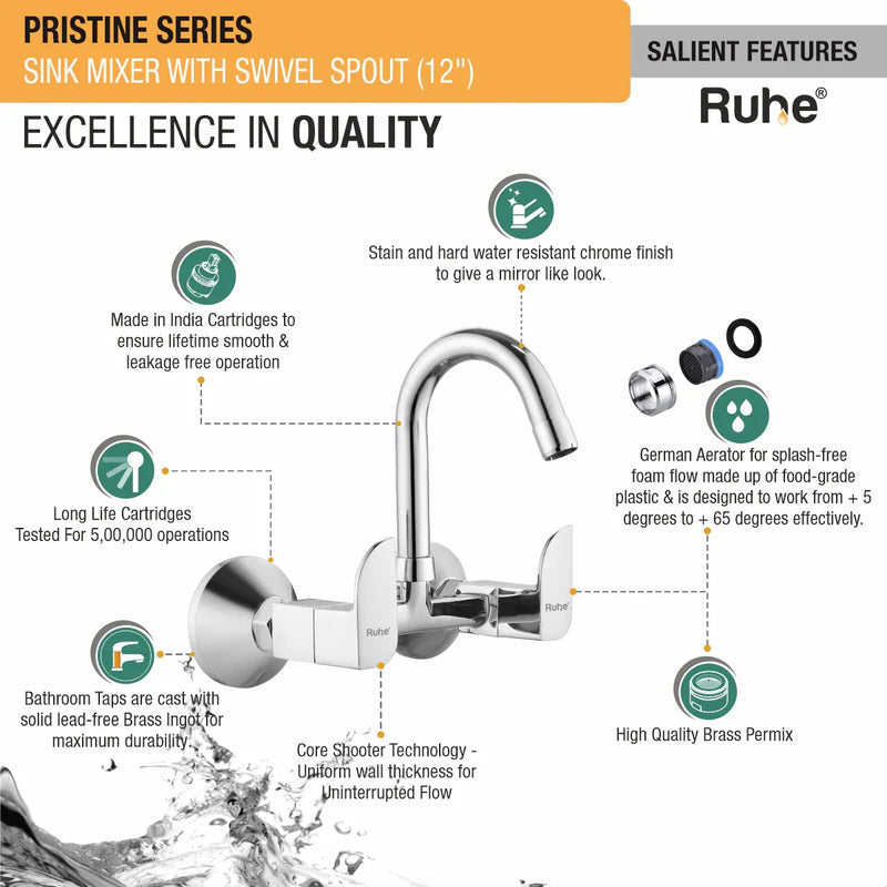 Pristine Wall Mount Kitchen Sink Mixer Tap with Swivel Spout