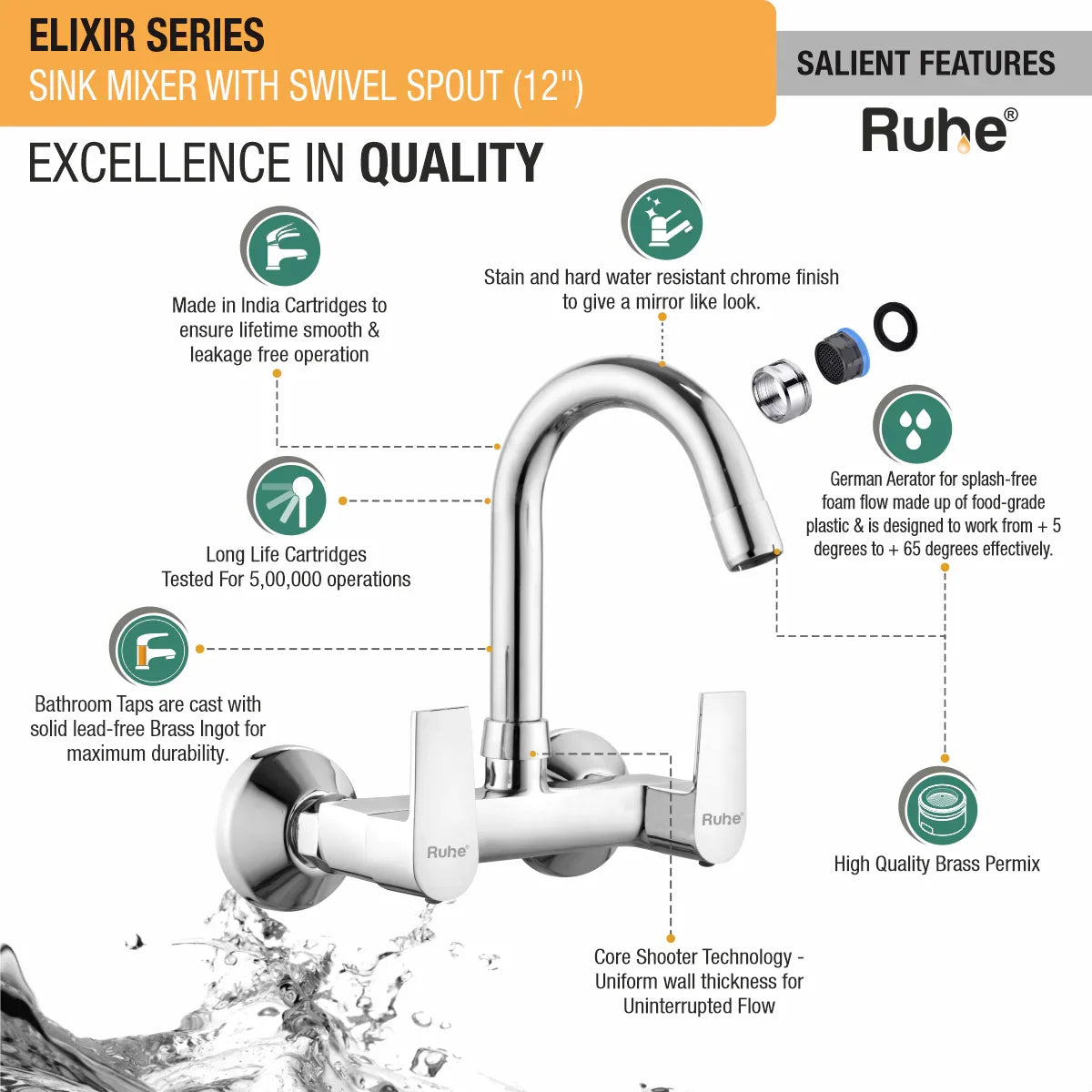 Elixir Wall Mount Kitchen Sink Mixer Tap with Swivel Spout