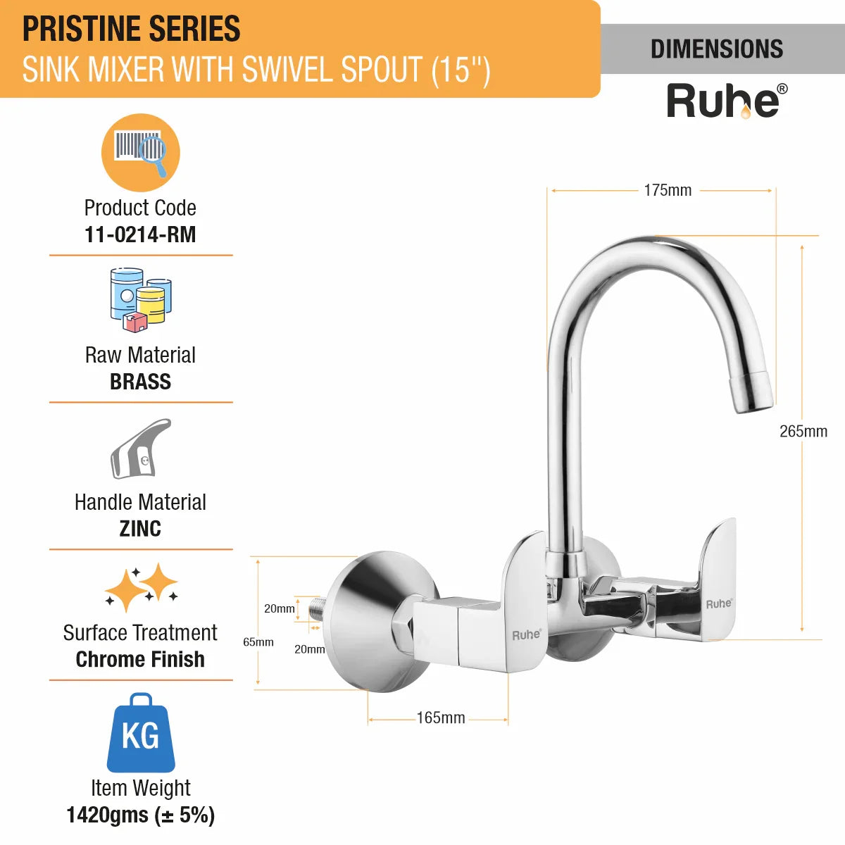 Pristine Wall Mount Kitchen Sink Mixer Tap with Swivel Spout