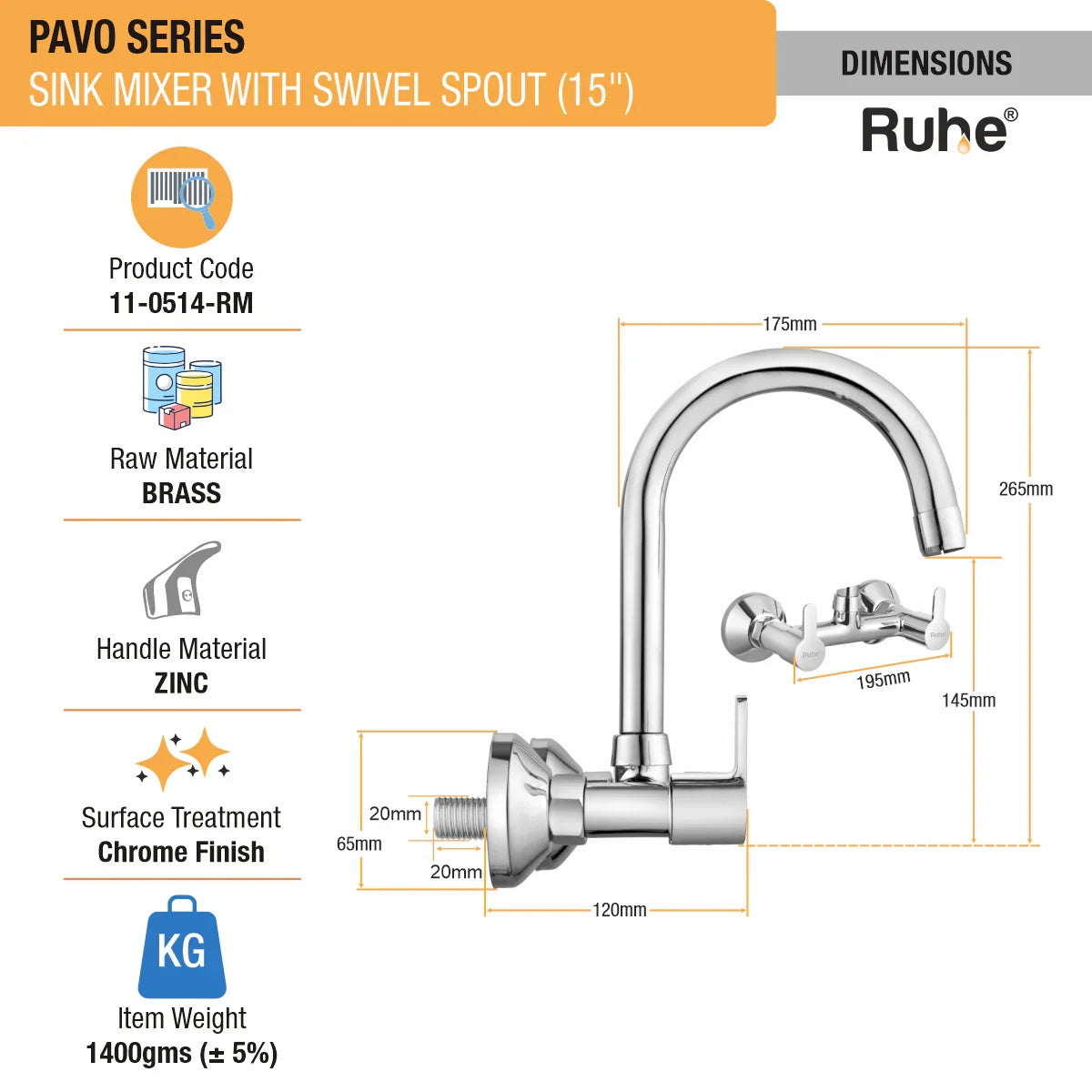 Pavo Wall Mount Kitchen Sink Mixer Tap with Swivel Spout