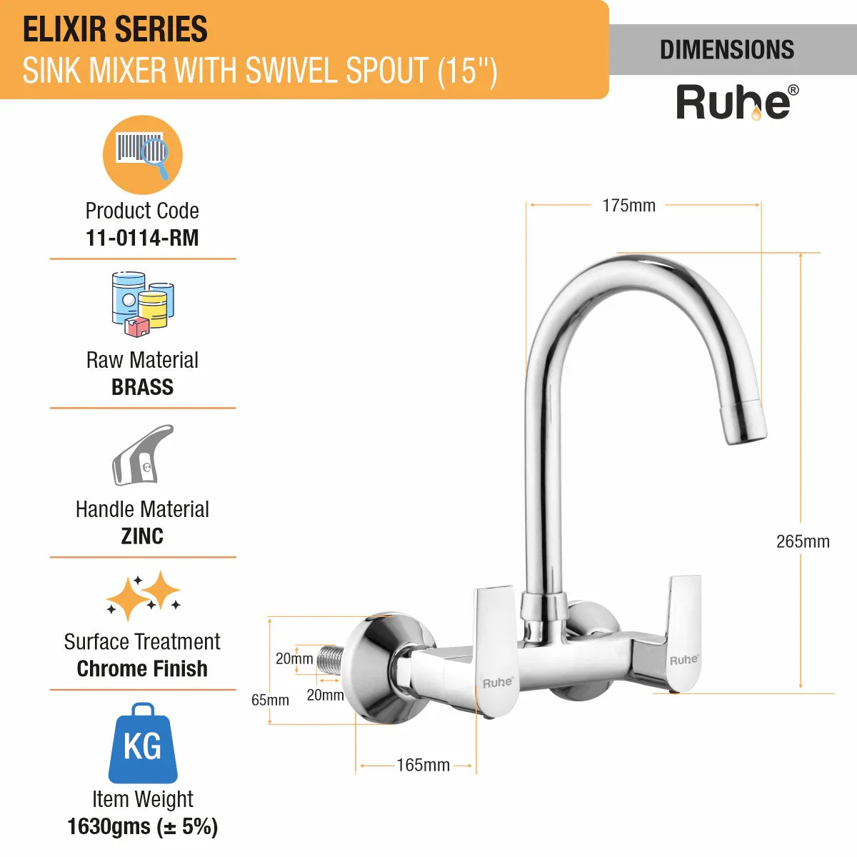 Elixir Wall Mount Kitchen Sink Mixer Tap with Swivel Spout