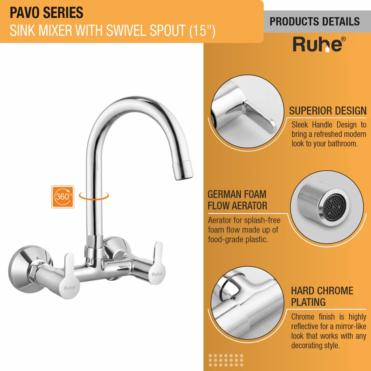 Pavo Wall Mount Kitchen Sink Mixer Tap with Swivel Spout