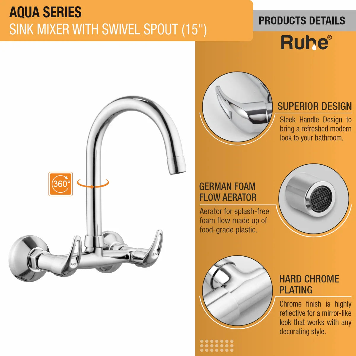 Aqua Wall Mount Kitchen Sink Mixer Tap with Swivel Spout