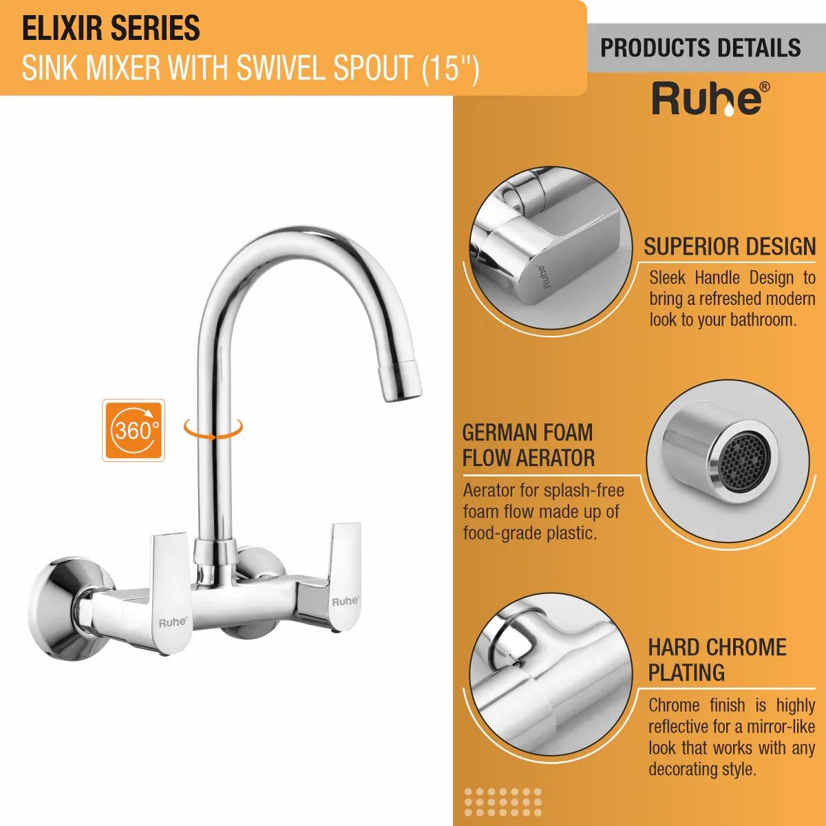 Elixir Wall Mount Kitchen Sink Mixer Tap with Swivel Spout