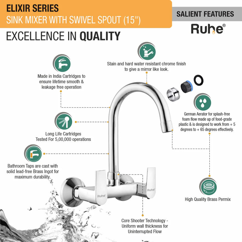 Elixir Wall Mount Kitchen Sink Mixer Tap with Swivel Spout