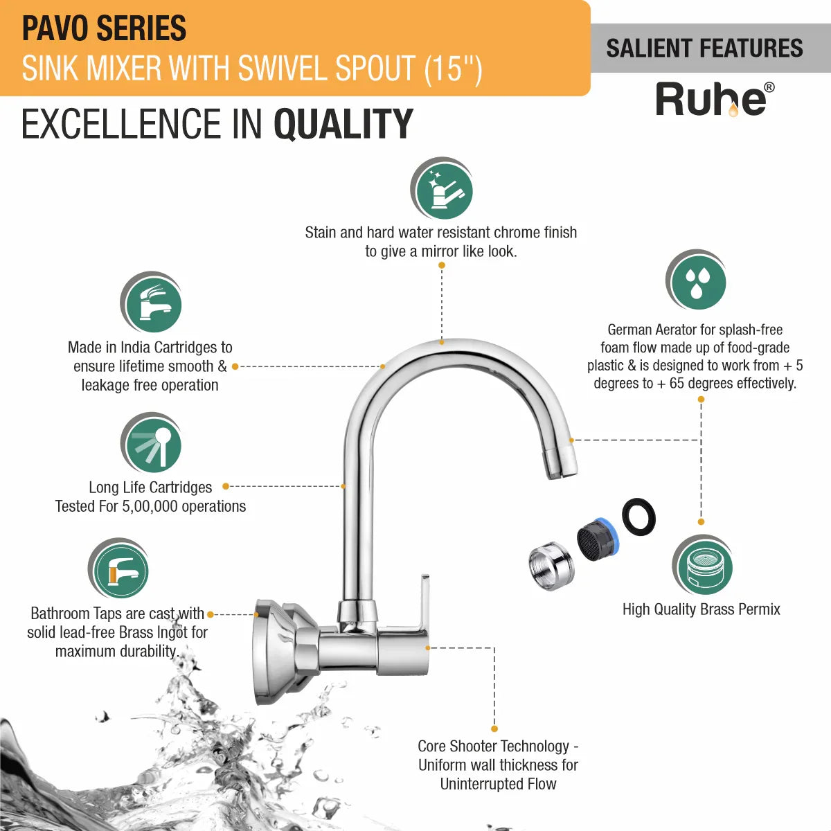 Pavo Wall Mount Kitchen Sink Mixer Tap with Swivel Spout