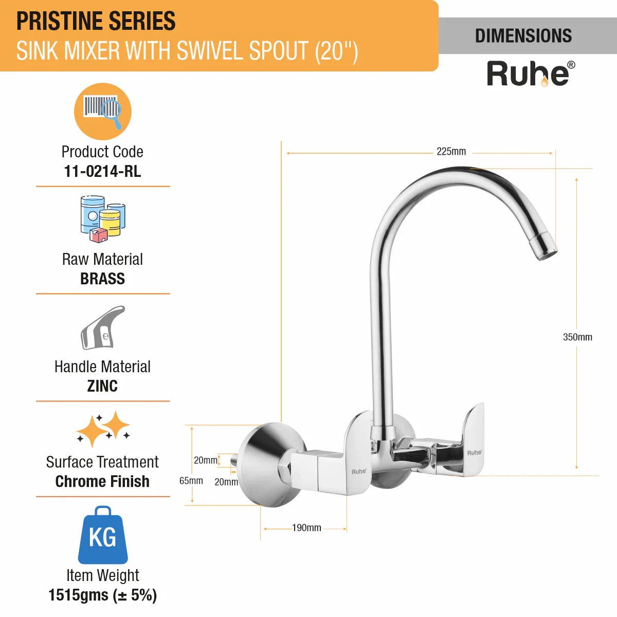 Pristine Wall Mount Kitchen Sink Mixer Tap with Swivel Spout
