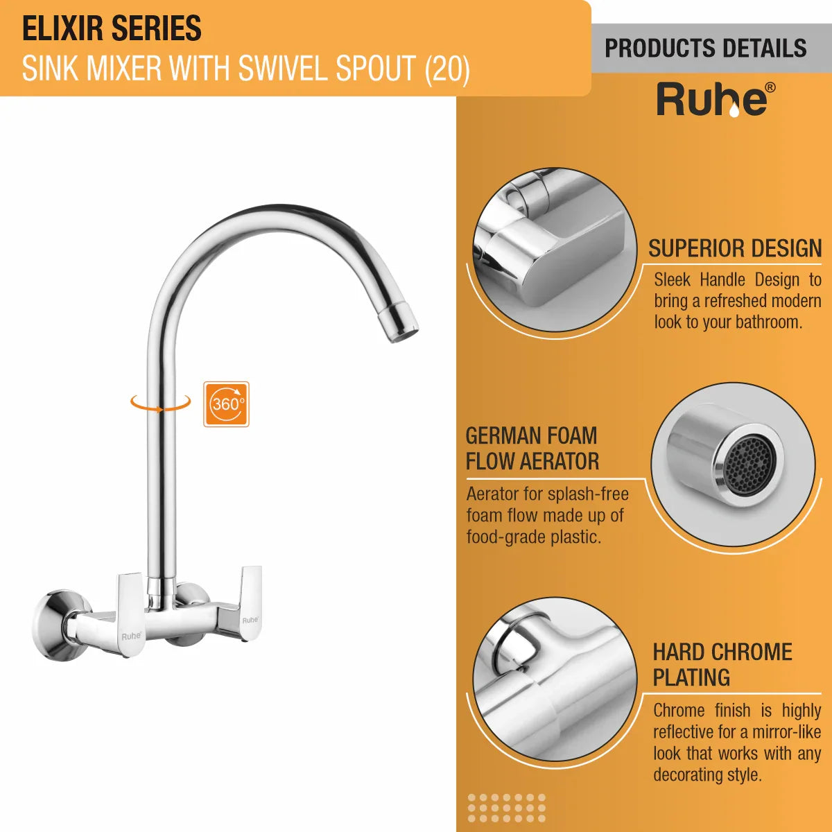 Elixir Wall Mount Kitchen Sink Mixer Tap with Swivel Spout
