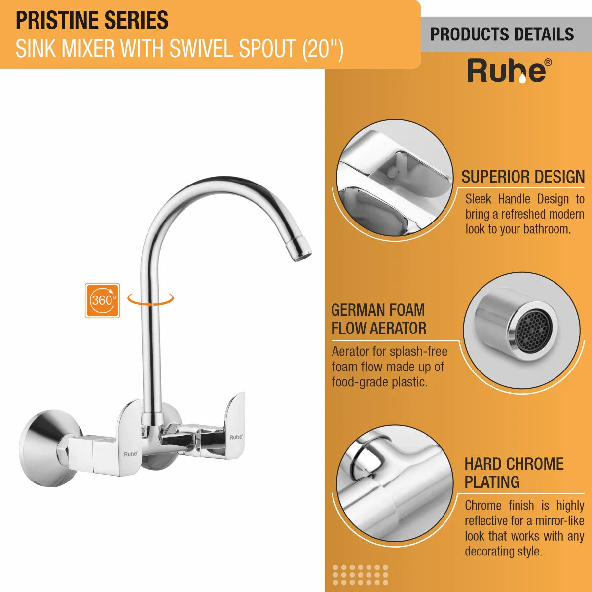 Pristine Wall Mount Kitchen Sink Mixer Tap with Swivel Spout