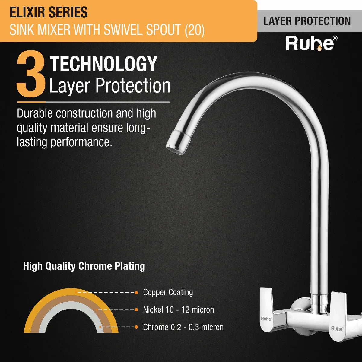Elixir Wall Mount Kitchen Sink Mixer Tap with Swivel Spout