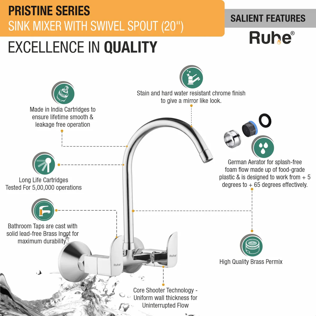 Pristine Wall Mount Kitchen Sink Mixer Tap with Swivel Spout