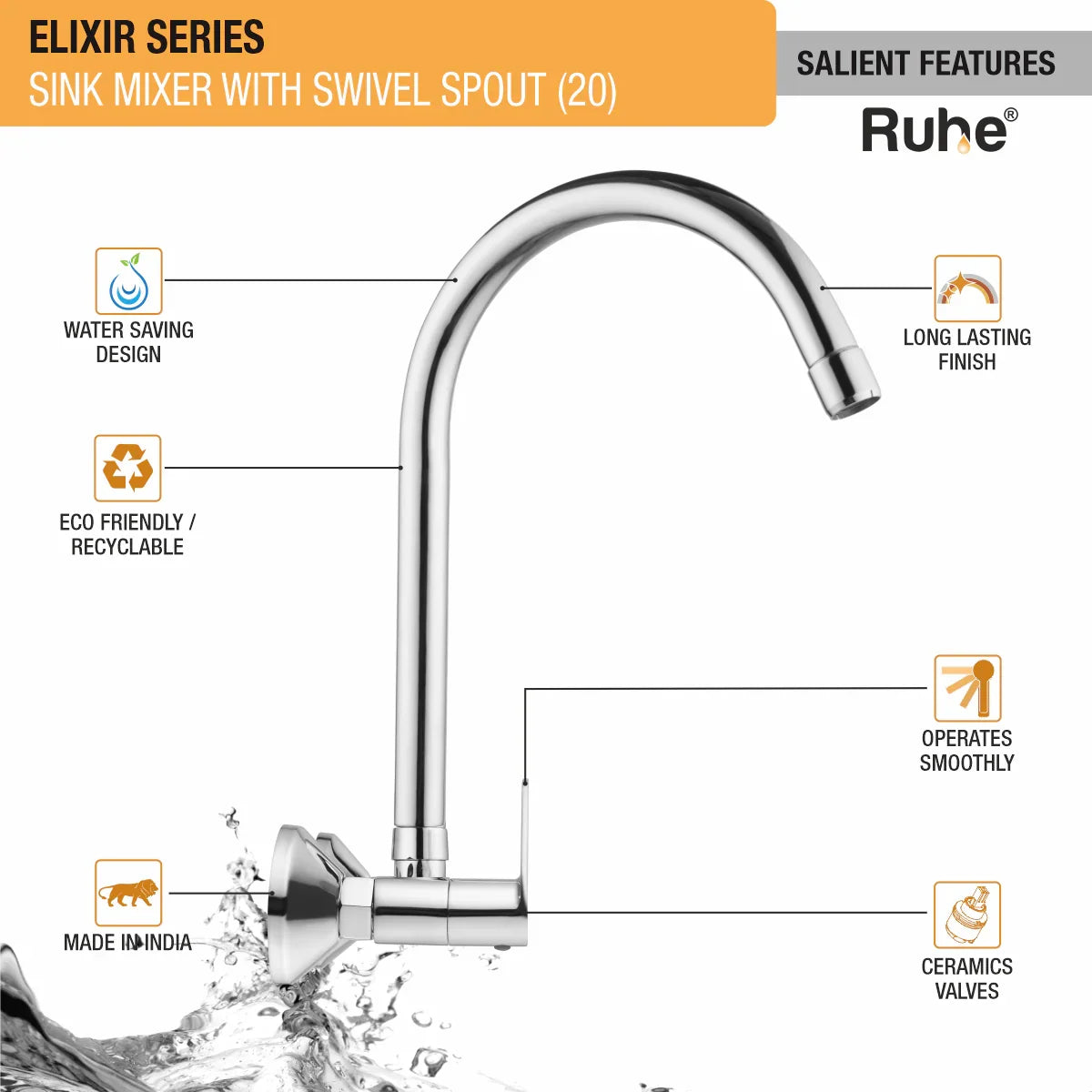 Elixir Wall Mount Kitchen Sink Mixer Tap with Swivel Spout