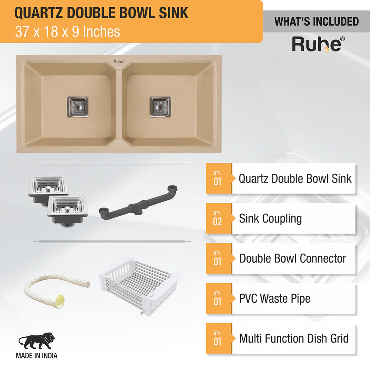 Quartz Double Bowl Kitchen Sink - Sand Choco (37 x 18 x 9 inches) - by Ruhe®