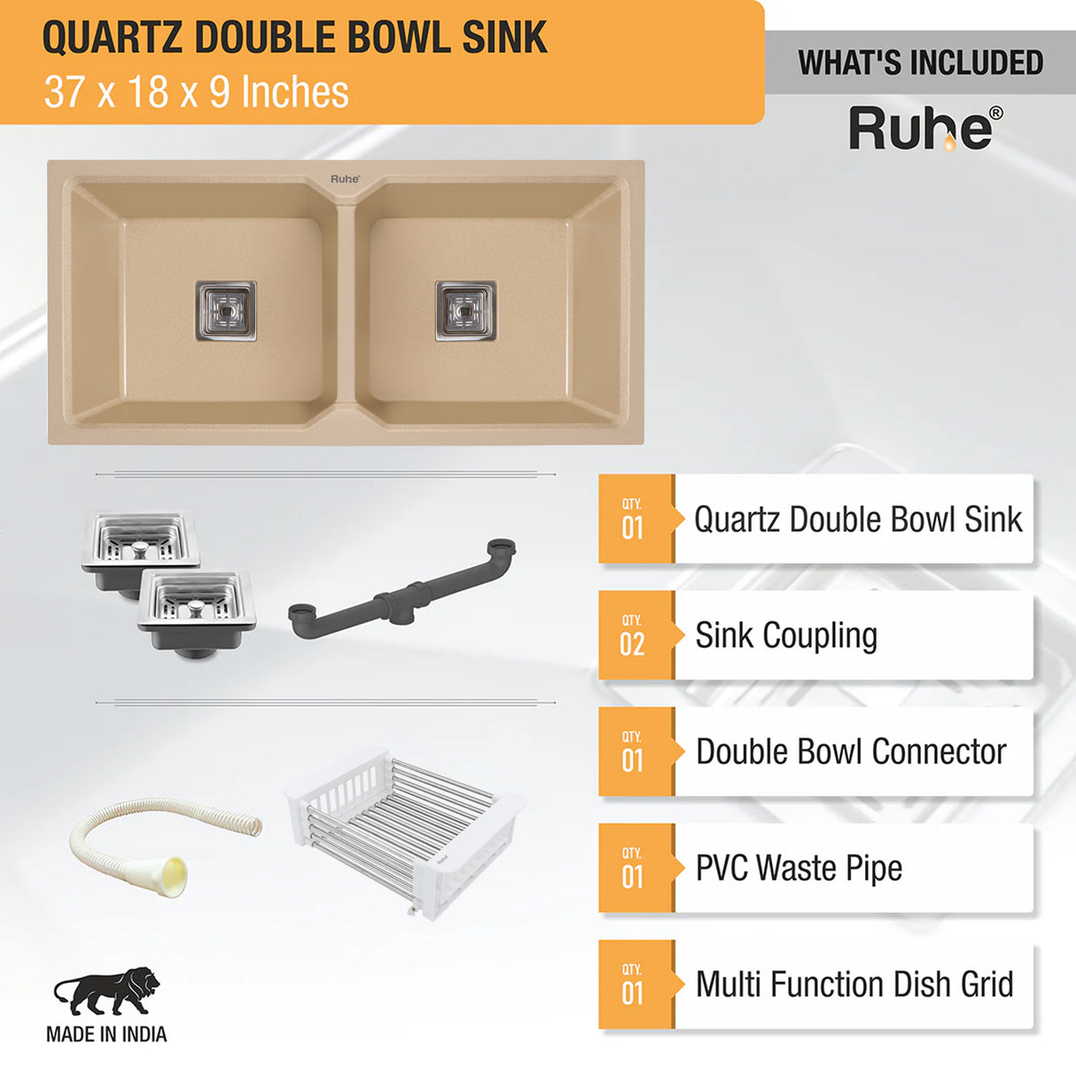 Quartz Double Bowl Kitchen Sink - Sand Choco (37 x 18 x 9 inches) - by Ruhe