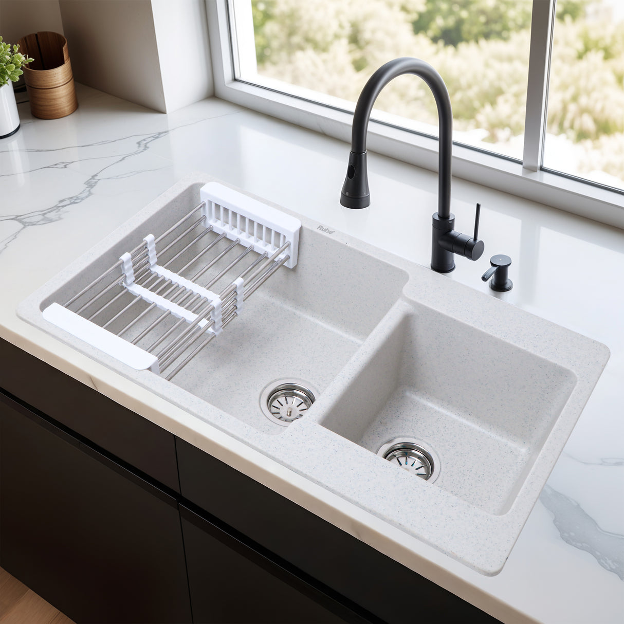 Sand Pluto Quartz Double Bowl Kitchen Sink (34 x 20 x 9 inches) - by Ruhe