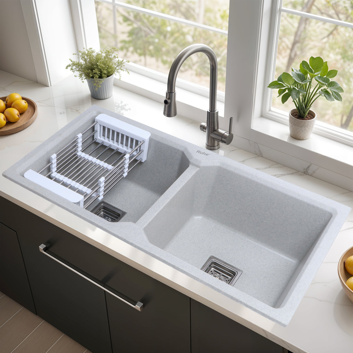 Sand Pluto Quartz Double Bowl Kitchen Sink (37 x 18 x 9 inches) - by Ruhe