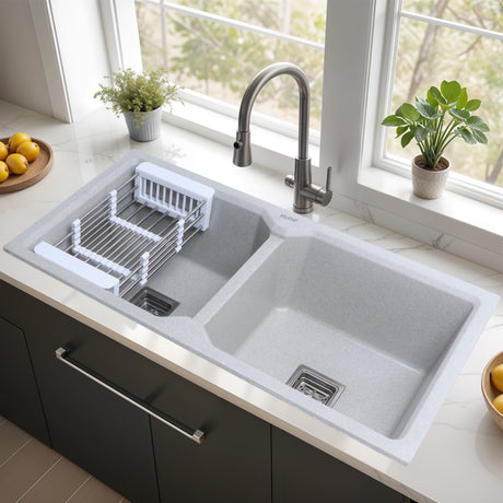 Sand Pluto Quartz Double Bowl Kitchen Sink (37 x 18 x 9 inches) - by Ruhe