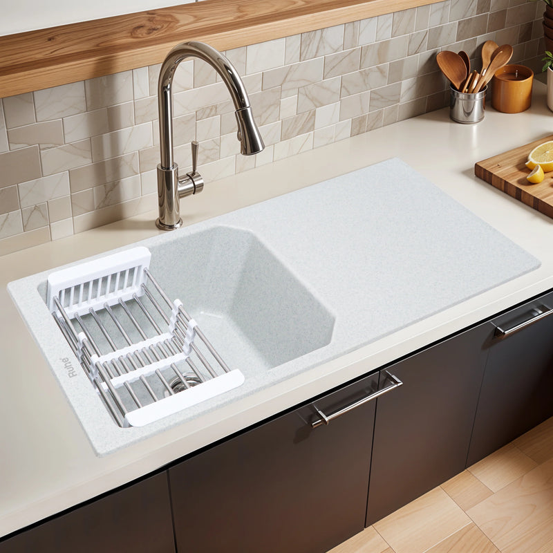 Sand Pluto Quartz Single Bowl with Drainboard Kitchen Sink (39 x 20 x 9 inches)