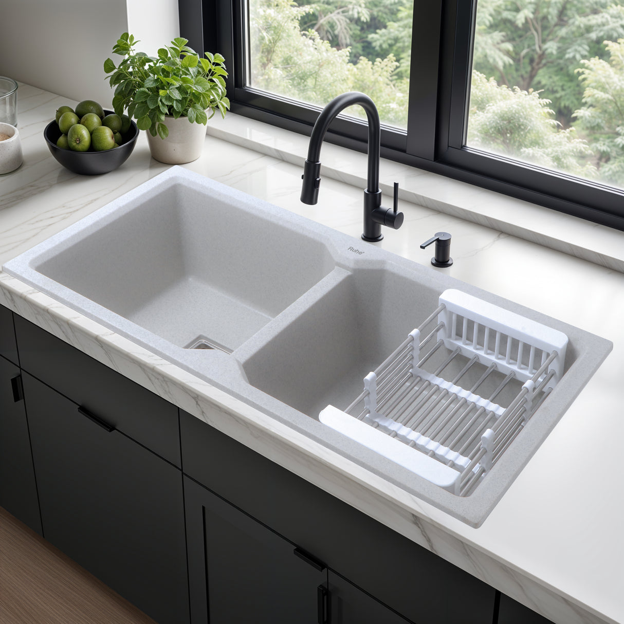 Sand Pluto Quartz Double Bowl Kitchen Sink (45 x 20 x 9 inches) - by Ruhe