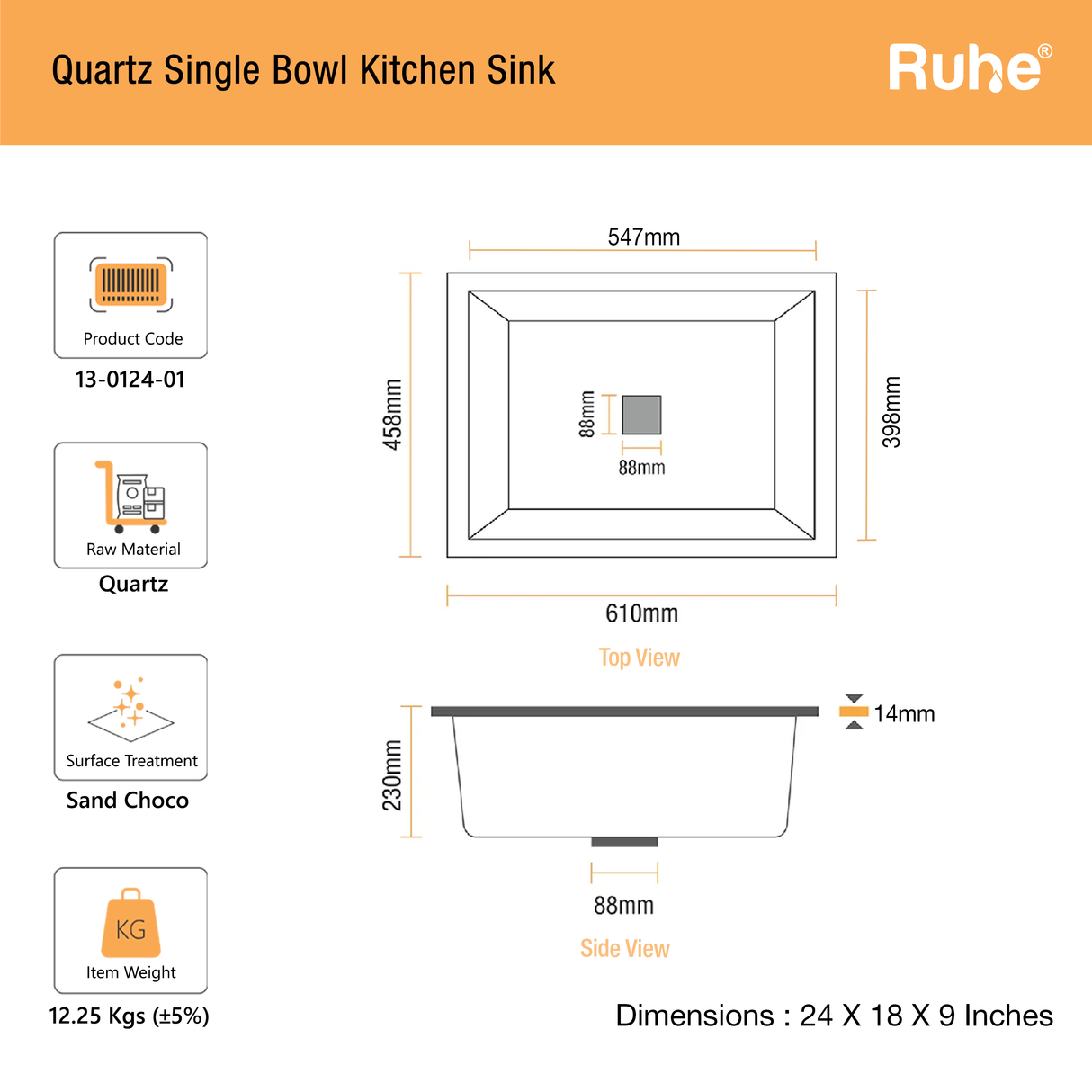 Quartz Single Bowl Kitchen Sink (24 x 18 x 9 Inches)