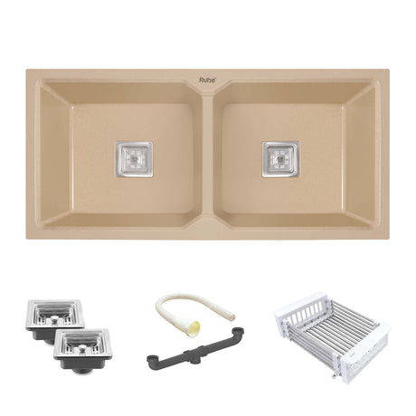 Sand Choco Quartz Double Bowl Kitchen Sink (37 x 18 x 9 Inches) 