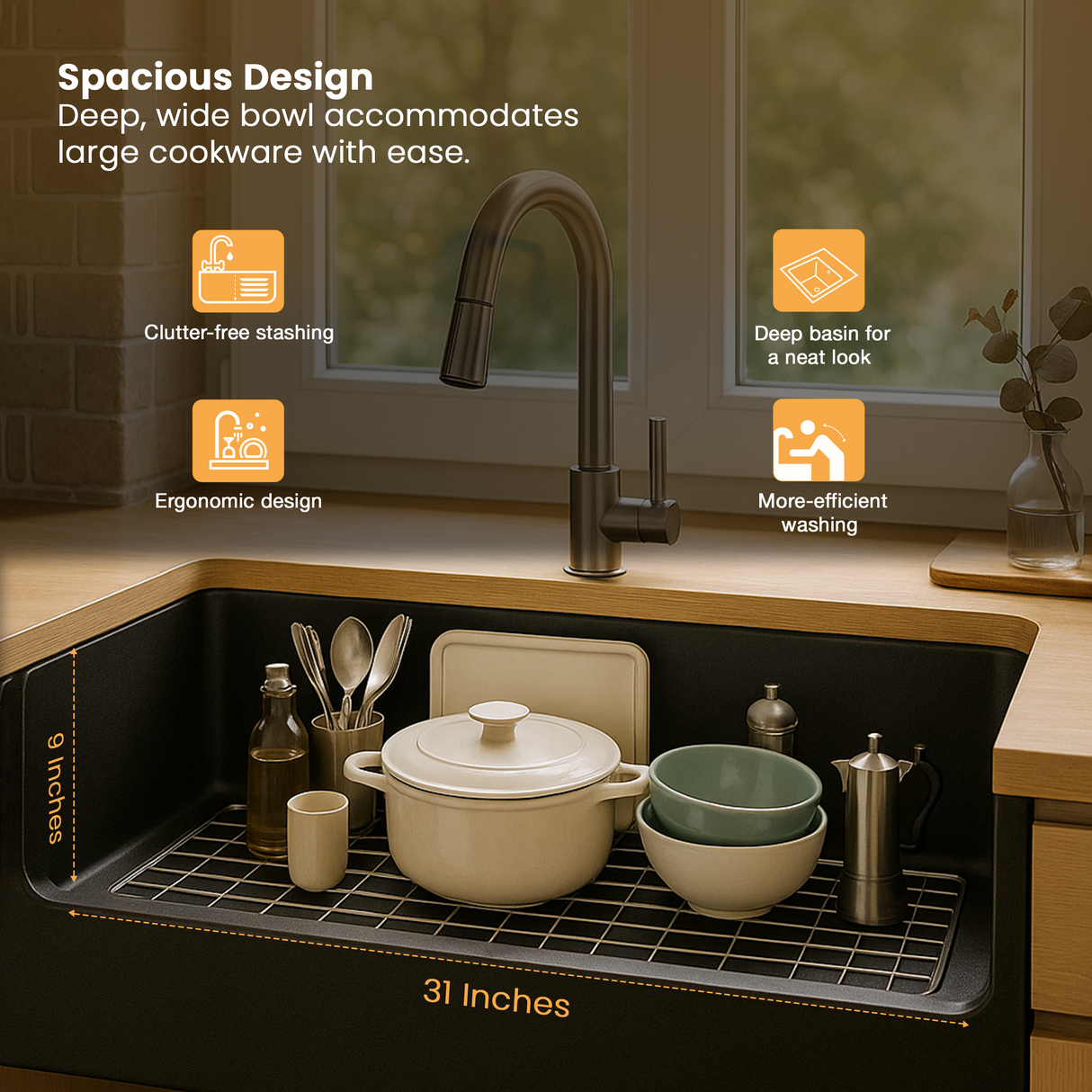 Quartz Single Bowl Kitchen Sink (31 x 19 x 9 Inches)