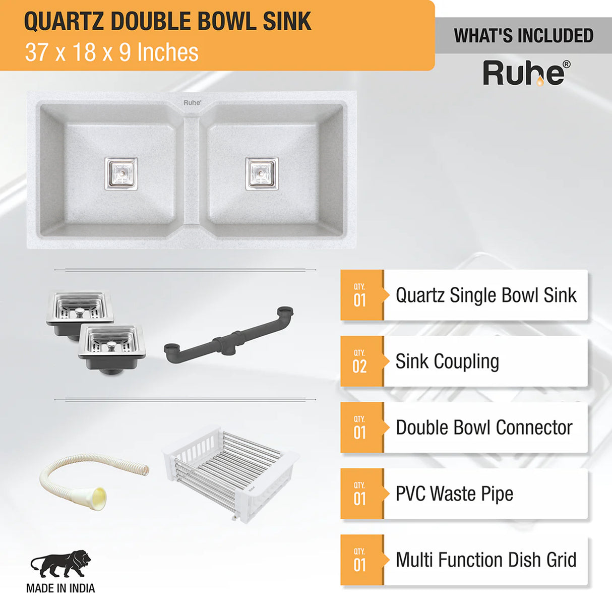 Quartz Double Bowl Kitchen Sink (37 x 18 x 9 Inches)