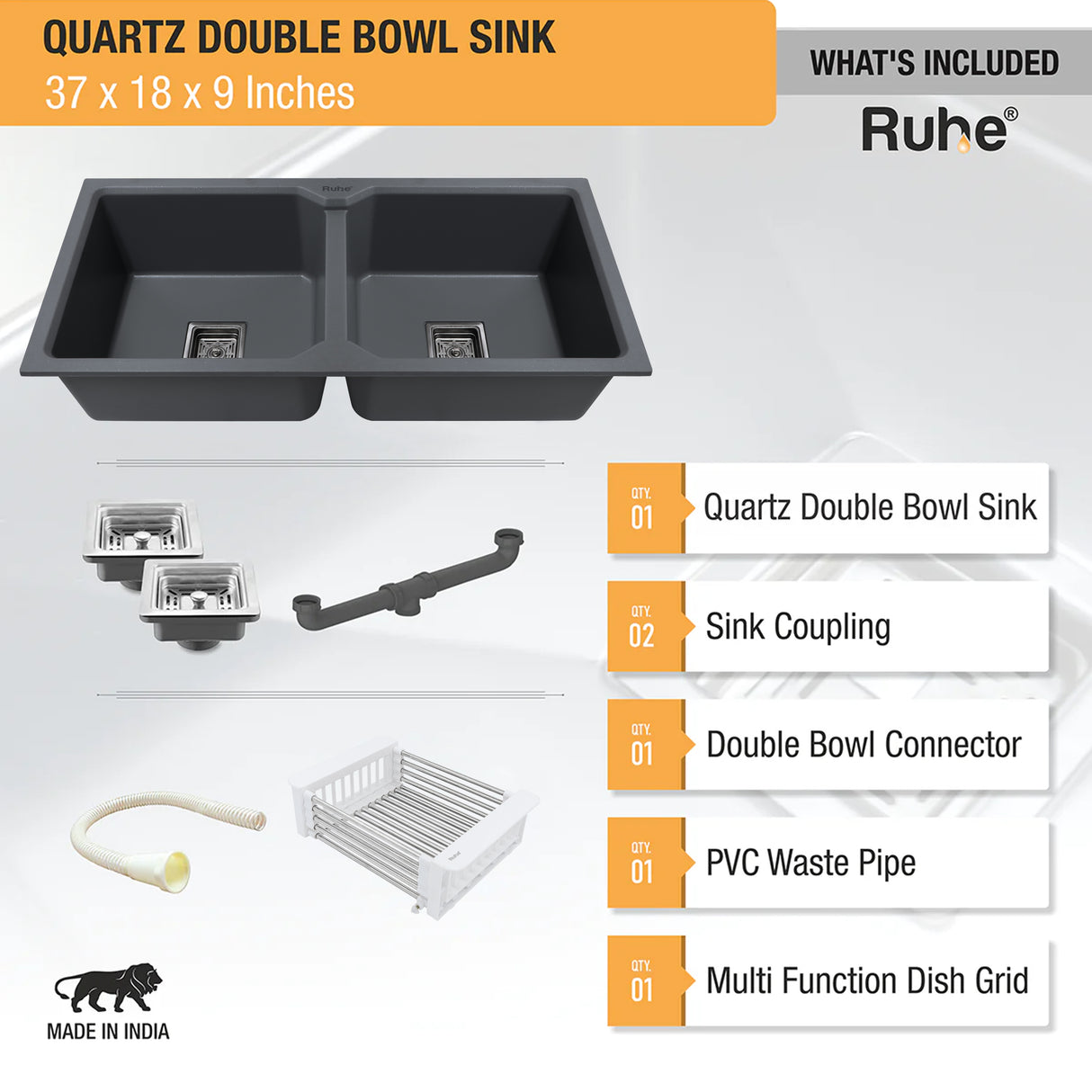 Quartz Double Bowl Kitchen Sink - Smoke Grey (37 x 18 x 9 inches) - by Ruhe