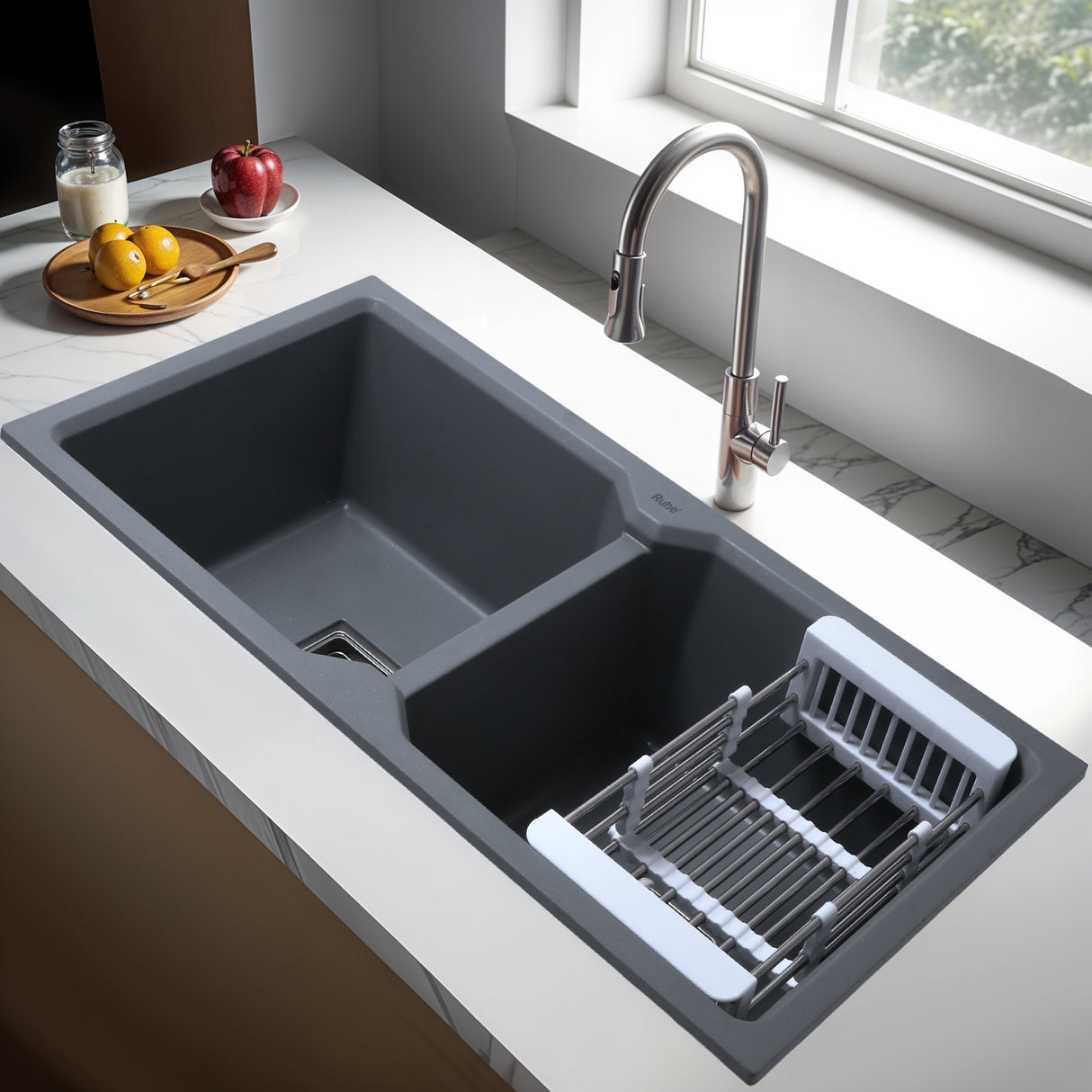 Smoke Grey Quartz Double Bowl Kitchen Sink (45 x 20 x 9 inches) - by Ruhe