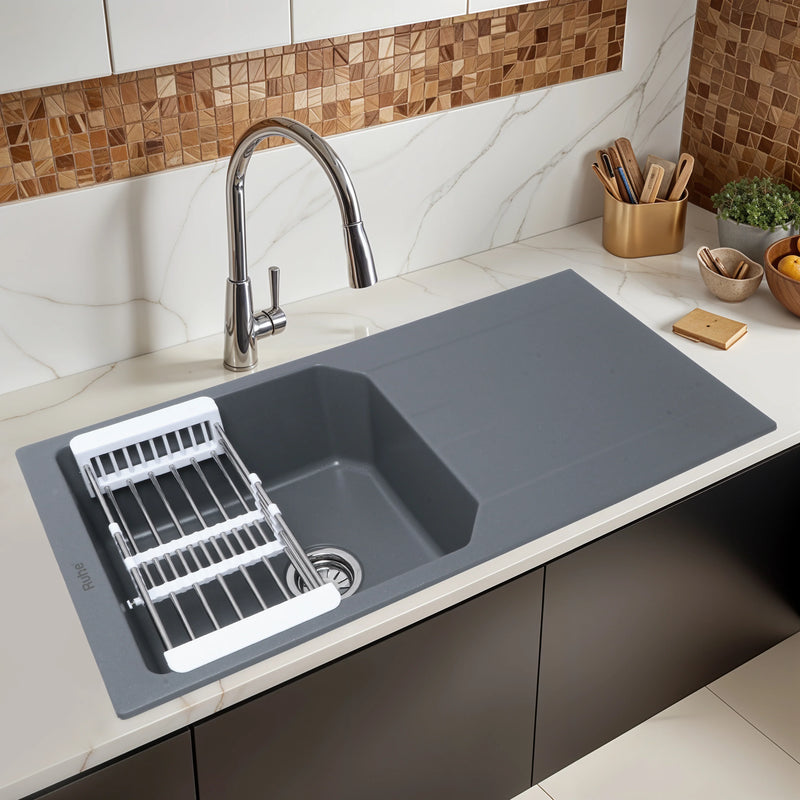 Smoke Grey Quartz Single Bowl with Drainboard Kitchen Sink (39 x 20 x 9 inches)