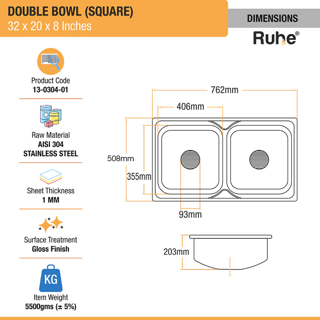 Square Double Bowl 304-Grade (32 x 20 x 8 inches) Kitchen Sink - by Ruhe