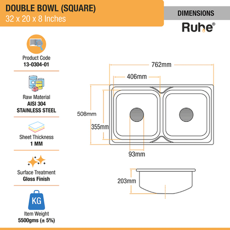 Square Double Bowl (32 x 20 x 8 inches) 304-Grade Kitchen Sink - by Ruhe®