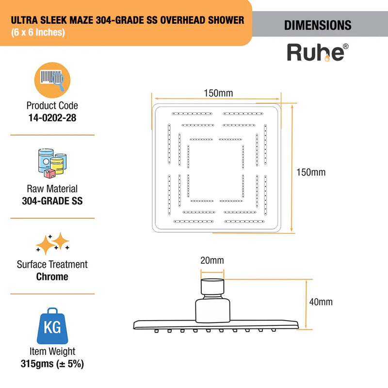 Ultra Sleek Maze 304-grade SS Overhead Shower (6 x 6 Inches)