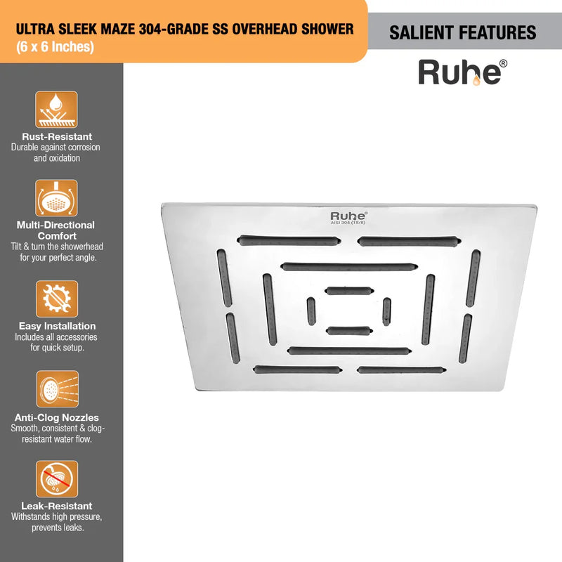 Ultra Sleek Maze 304-grade SS Overhead Shower (6 x 6 Inches)
