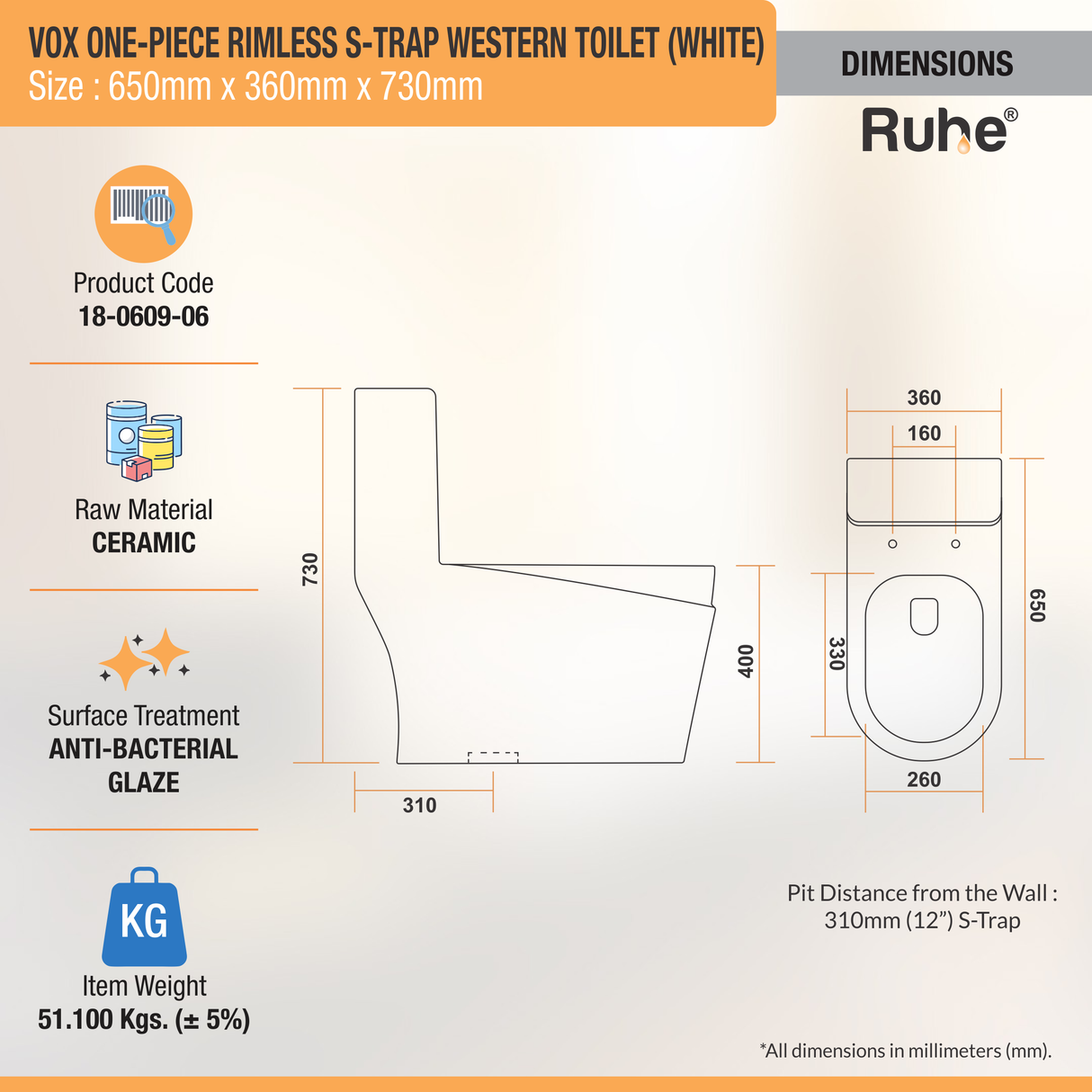 Vox One-Piece Rimless S-Trap Siphonic Western Toilet / Commode (White) - by Ruhe