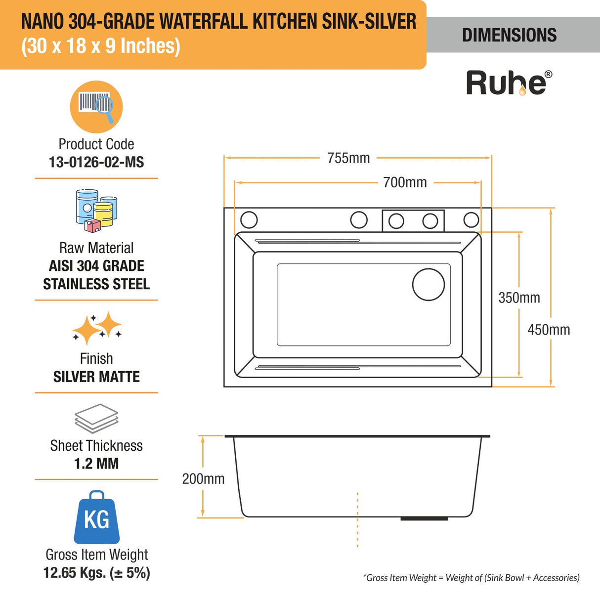 Nano Silver 304-Grade Kitchen Sink with Integrated Waterfall, Pull-Out & RO Faucet (30 x 18 x 9 Inches) - by Ruhe