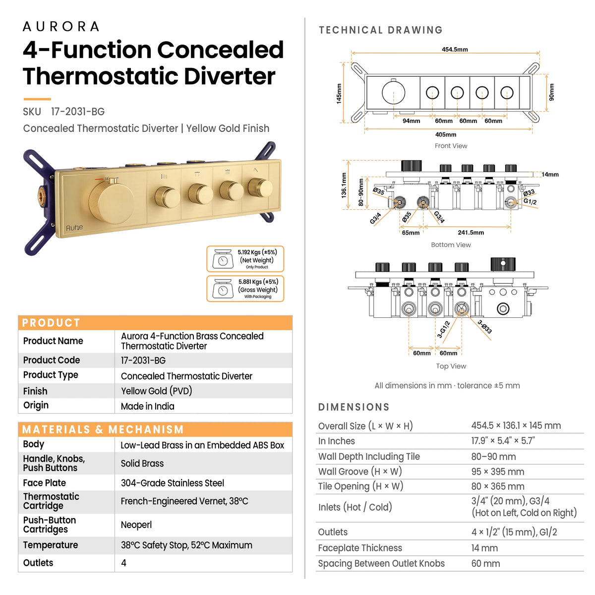 Aurora 4-Function Brass Concealed Thermostatic Diverter