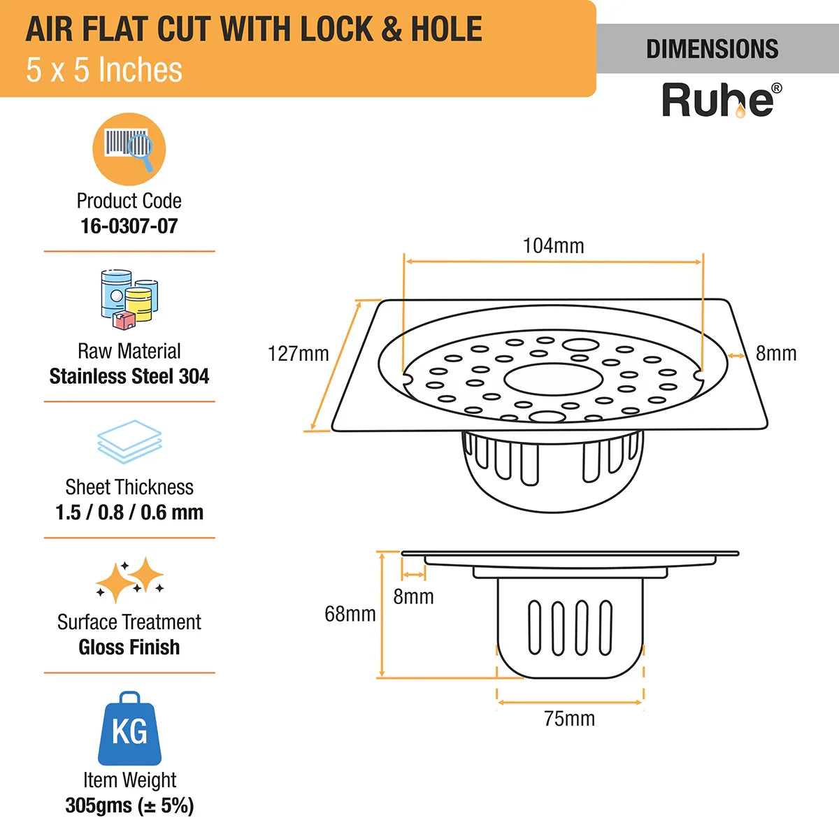 Air Flat Cut Floor Drain with Lock & Cockroach Trap