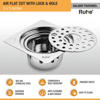 Air 304-Grade Square Floor Drain with Lock & Cockroach Trap – Mirror Steel