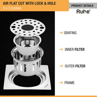 Air 304-Grade Square Floor Drain with Lock & Cockroach Trap – Mirror Steel