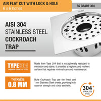 Air 304-Grade Square Floor Drain with Lock & Cockroach Trap – Mirror Steel