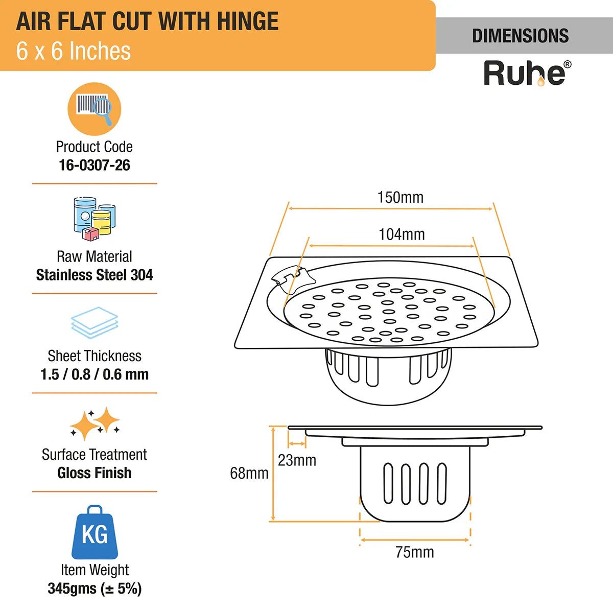 Air Flat Cut Floor Drain with Hinge & Cockroach Trap