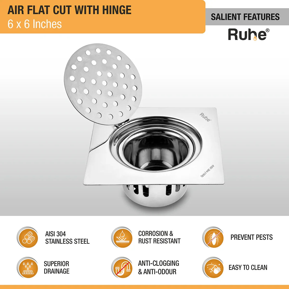 Air Flat Cut Floor Drain with Hinge & Cockroach Trap