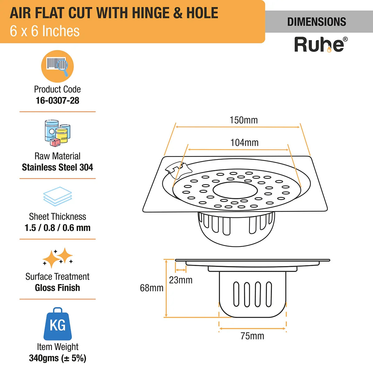 Air Flat Cut Floor Drain with Hinge & Cockroach Trap