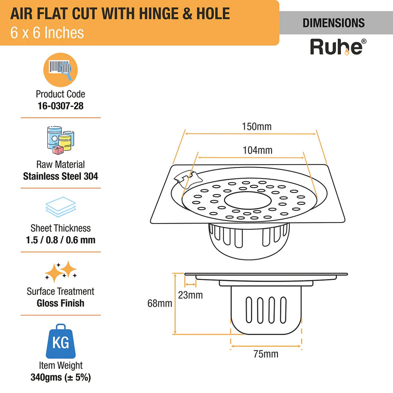 Air Flat Cut Floor Drain with Hinge & Cockroach Trap