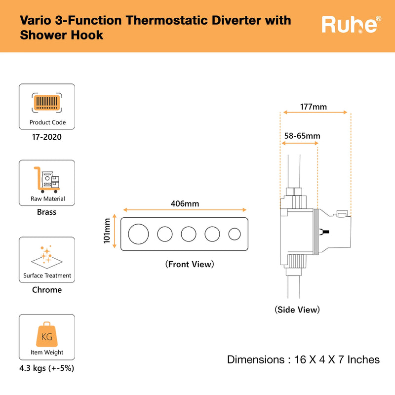 Vario 3-Function Thermostatic Diverter Set with Shower Hook