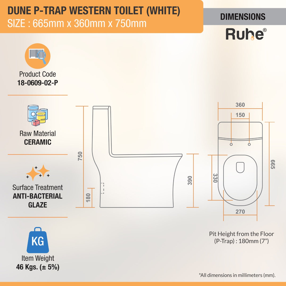 Dune One-Piece Rimless P-Trap Western Toilet / Commode (White) - by Ruhe