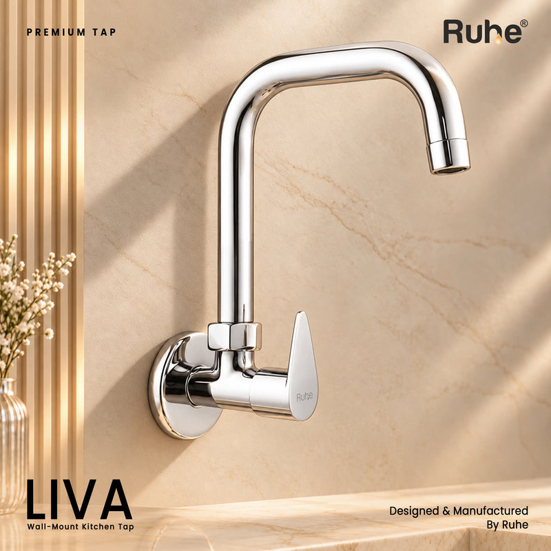Liva Square Brass Sink Tap fitted on a kitchen wall above the sink