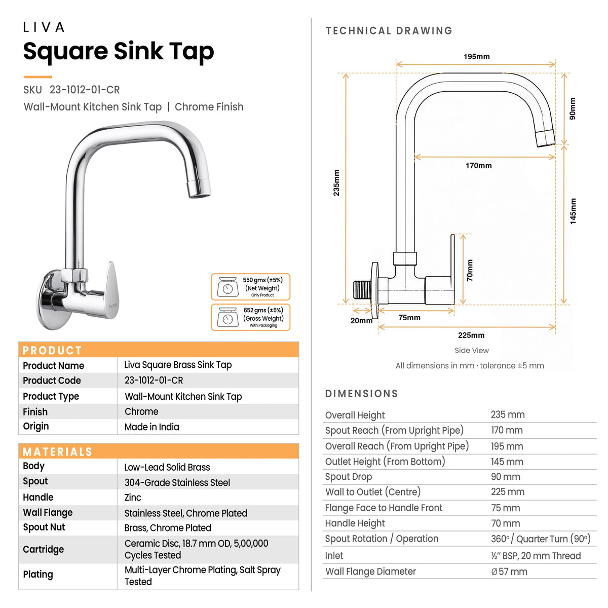 Liva Square Brass Kitchen Sink Tap with 15 Inch Swivel Spout