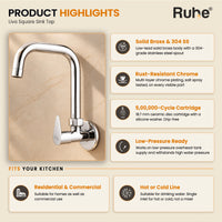 Liva brass sink tap features: Low-Lead Brass Body, Quarter-Turn Ceramic Disc, Mirror-Finish Chrome, 360° Free-Swivel Spout, Foam-Flow Aerator